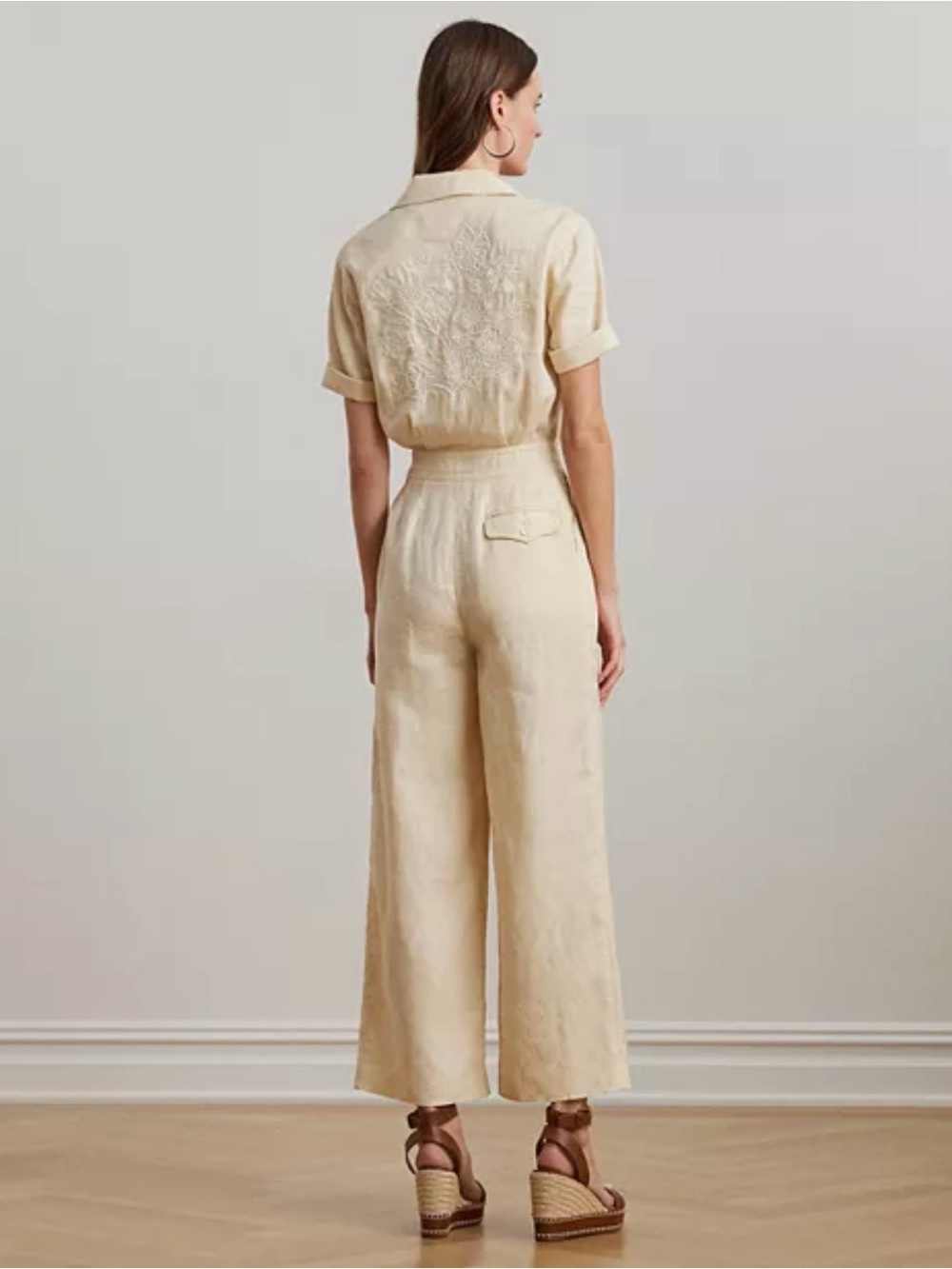 NWT Lauren Ralph Lauren Tan Embroidered Linen Short-Sleeve Jumpsuit Size 16 - Picture 2 of 10